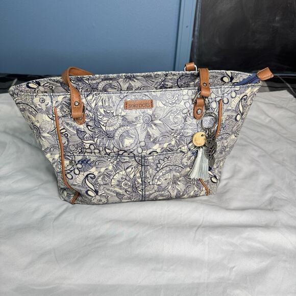 Sakroots Metro 2 Handle Tote Bag Navy and White Durable Purse Coated Canvas Bag - Picture 16 of 16